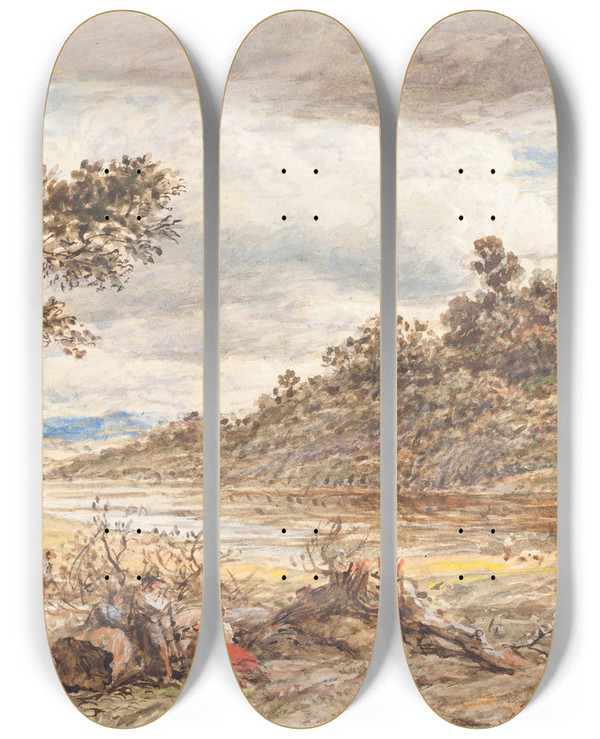 Triptych art skateboard deck of John Linnell Travelers Resting By A Fallen Tree by John Linnell (1792-1882)