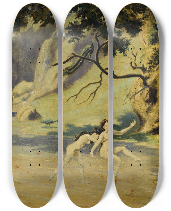 Triptych art skateboard deck of Louis Michel Eilshemius The Intruder by Louis Michel Eilshemius (1864-1941)