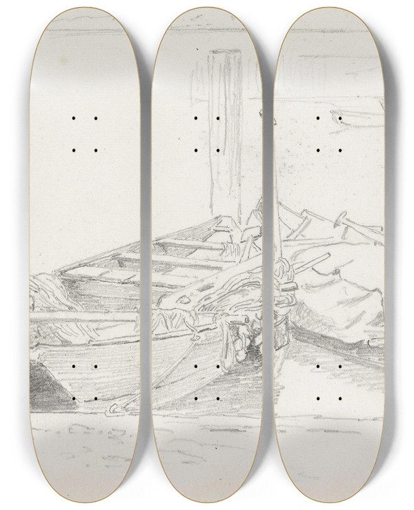 Triptych art skateboard deck of Hans Gude Bt Ved Stranden Berlingen by Hans Gude (1825-1903)