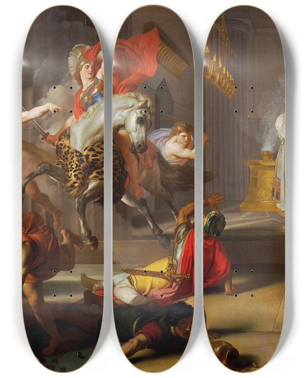 Triptych art skateboard deck of Luigi Sabatelli The Eviction Of Heliodor From The Temple by Luigi Sabatelli (1772-1850)