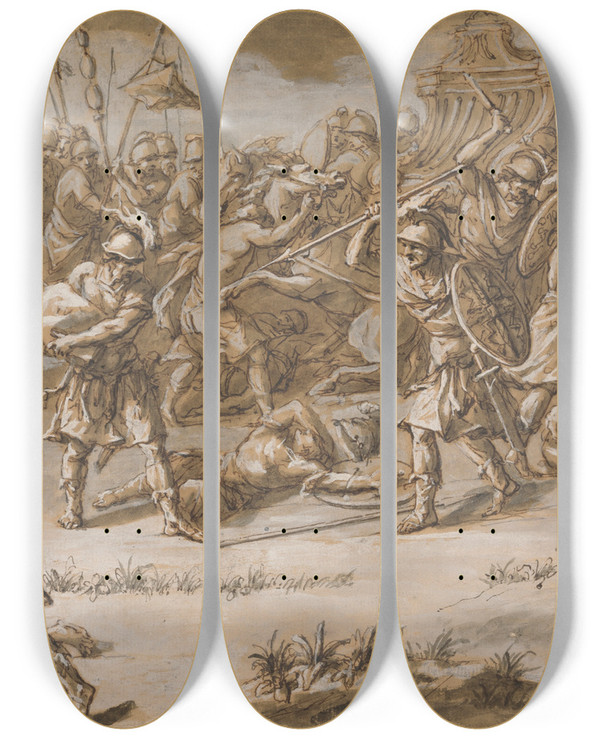 Triptych art skateboard deck of John Michael Rysbrack Illustration To The Iliad by John Michael Rysbrack (1694-1770)