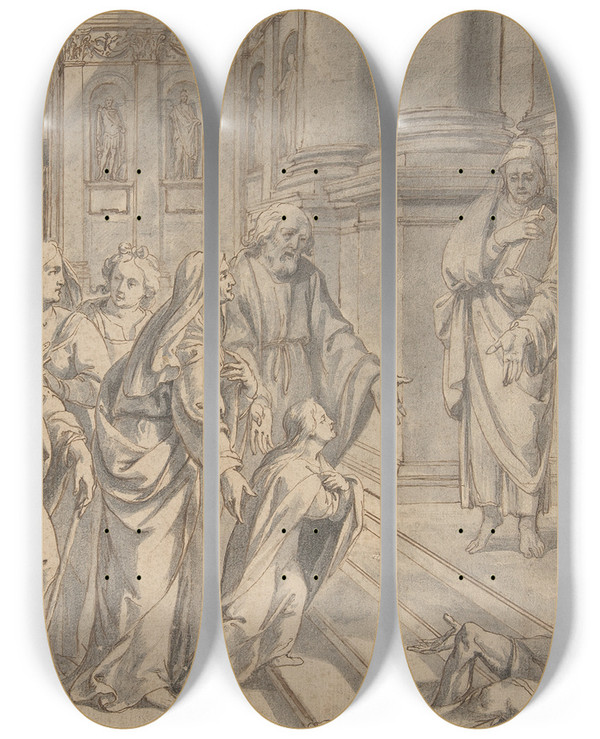 Triptych art skateboard deck of Philippe De Champaigne The Presentation Of The Virgin by Philippe De Champaigne (1602-1674)