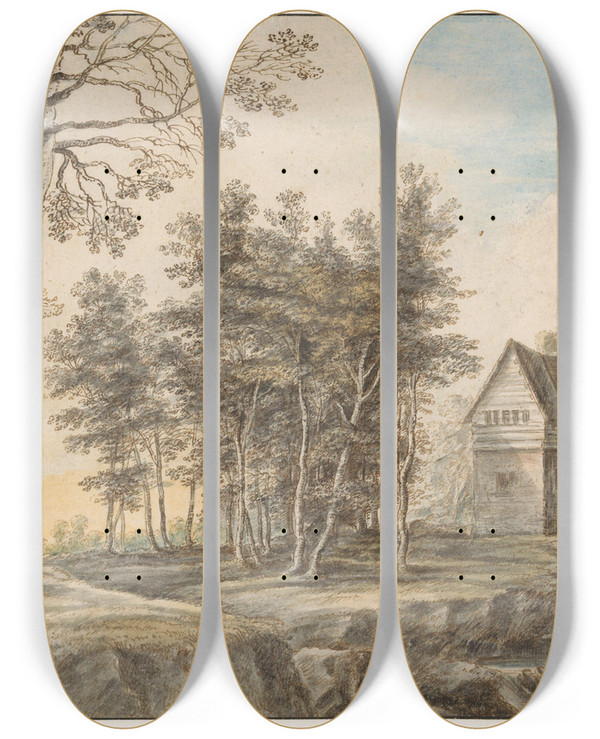 Triptych art skateboard deck of Lucas Van Uden Landschap Met Een Watermolen by Lucas Van Uden (1595-1672)
