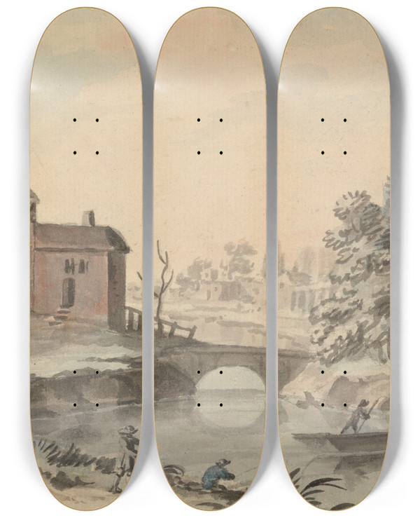 Triptych art skateboard deck of Peter Tillemans Figures In A Landscape By A River by Peter Tillemans (1684-1734)