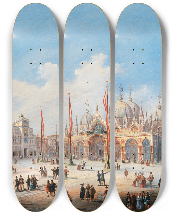 Triptych art skateboard deck of Carlo Grubas Venice St Marks Square by Carlo Grubas (1810-1870)