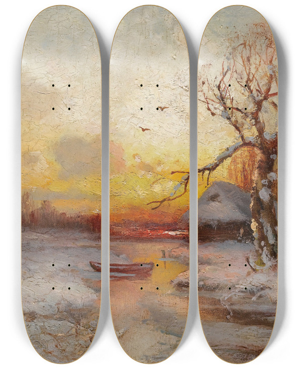 Triptych art skateboard deck of Julius Sergius Klever Winter Sunset by Julius Sergius Klever (1850-1924)