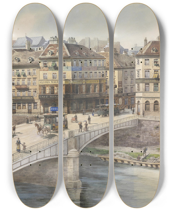 Triptych art skateboard deck of Karl Wenzel Zajicek Blick Ber Den Donaukanal by Karl Wenzel Zajicek (1860-1923)