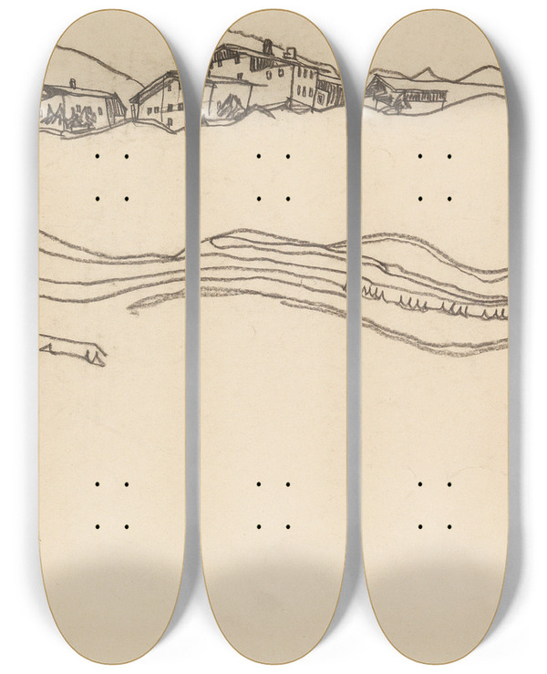 Triptych art skateboard deck of Egon Schiele Landscape With Houses by Egon Schiele (1890-1918)