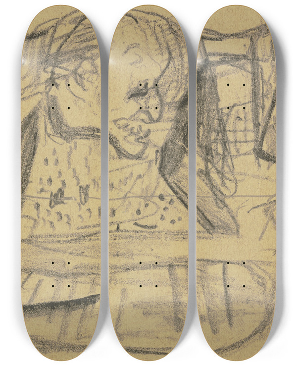 Triptych art skateboard deck of Max Beckmann Abstrakte Krakelzeichnung Auf Zwei Seiten Einer Feldpostkarte Ein Mnnerkopf by Max Beckmann (1884-1950)