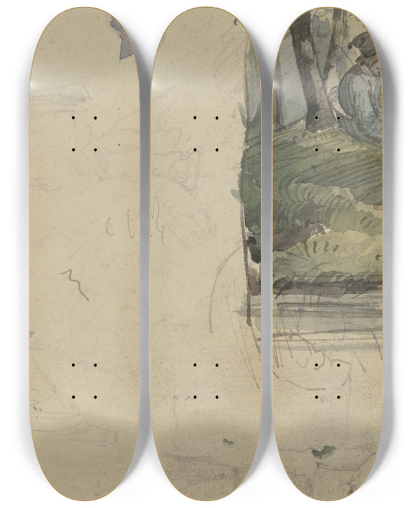 Triptych art skateboard deck of Jakob Frchtegott Dielmann Studienblatt Figuren Und Ein Mdchen Mit Einem Jungen Im Wald Sitzend by Jakob Furchtegott Dielmann (1809-1885)