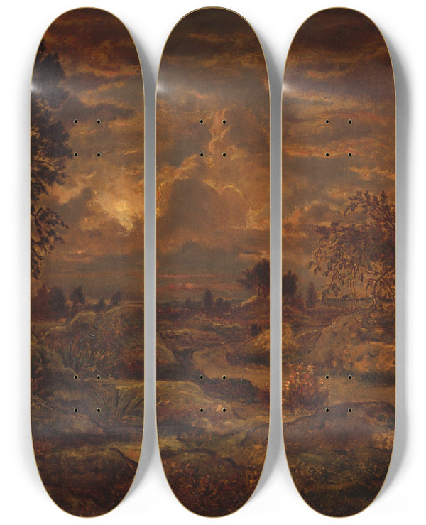Triptych art skateboard deck of Thodore Rousseau Sunset Near Arbonne by Theodore Rousseau (1812-1867)