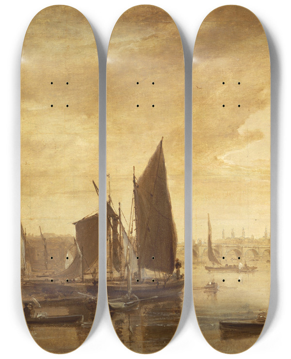 Triptych art skateboard deck of William Daniell Westminster Bridge And Abbey by William Daniell (1769-1837)