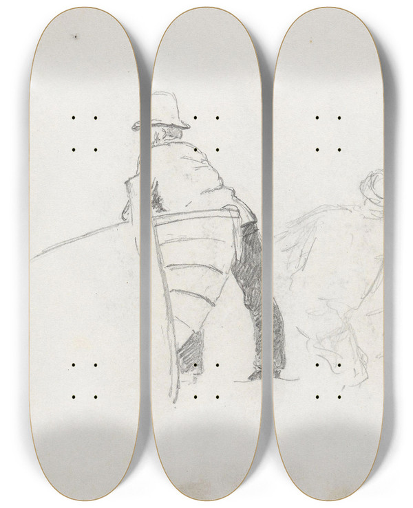 Triptych art skateboard deck of Hans Gude Fiskere Ved Bt Rgen by Hans Gude (1825-1903)