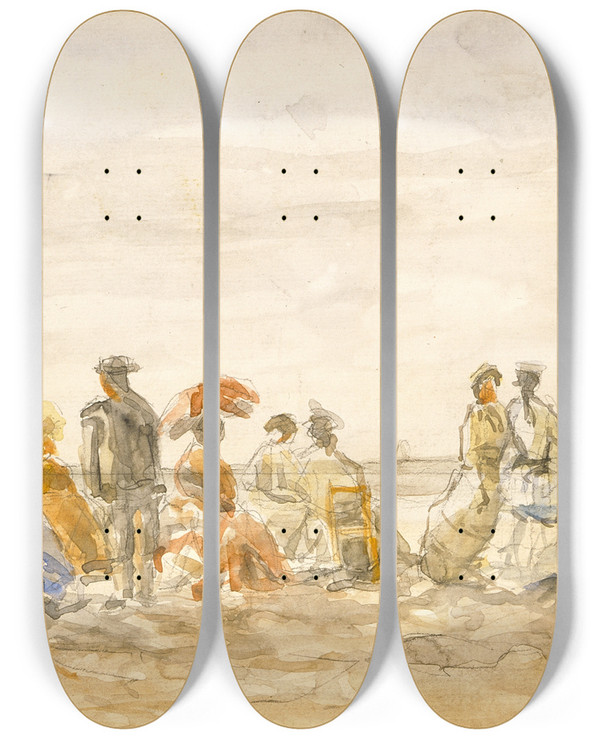 Triptych art skateboard deck of Eugne Boudin Figures On The Beach At Trouville by Eugene Boudin (1824-1898)