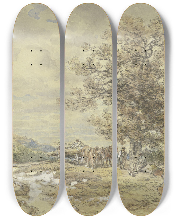 Triptych art skateboard deck of Anton Burger Landschaft Mit Hohem Baum Und Holzfuhrwerk by Anton Burger (1824-1905)