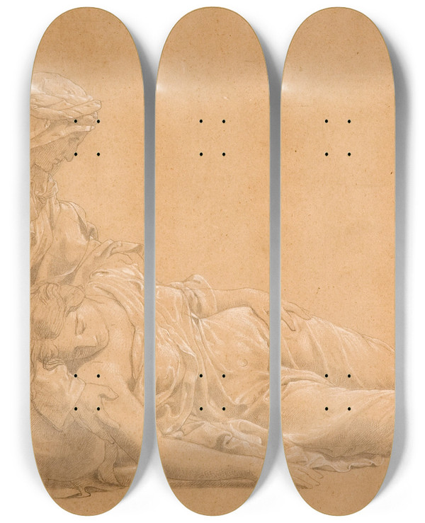 Triptych art skateboard deck of Benet Mercad Study With Figures by Benet Mercade (1821-1897)