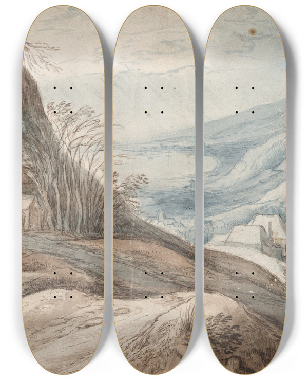 Triptych art skateboard deck of School Of Jan Brueghel The Elder Mountainous Landscape With Village In Valley And Distantview by School of Jan Brueghel the Elder (1568-1625)