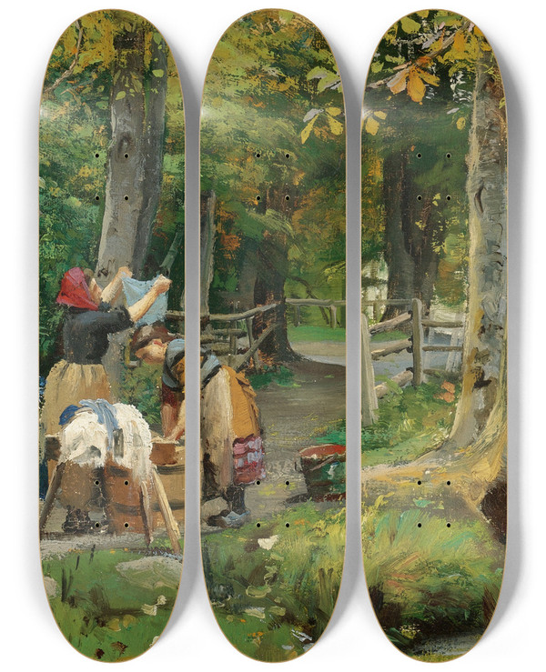 Triptych art skateboard deck of Peder Mrk Mnsted Washing Day by Peder Mork Monsted (1859-1941)