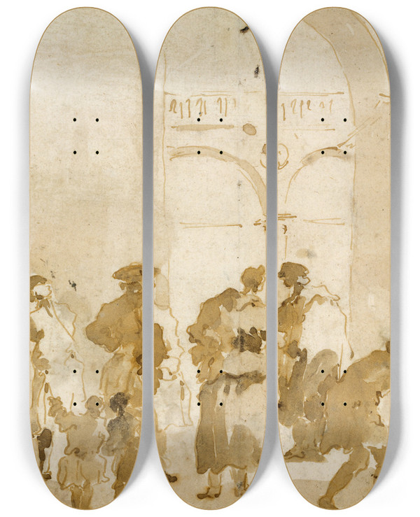 Triptych art skateboard deck of Francesco Guardi Figure Studies_2 by Francesco Guardi (1712-1793)