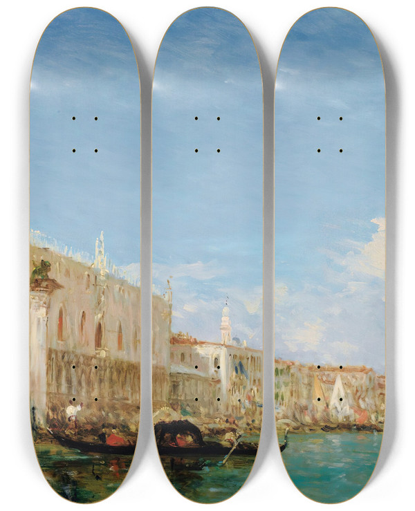 Triptych art skateboard deck of Flix Ziem Le Quai Des Esclaves Venise by Felix Ziem (1821-1911)