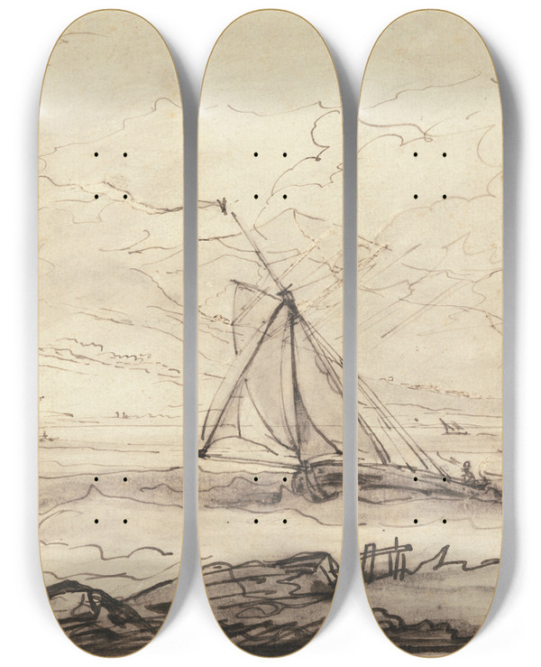 Triptych art skateboard deck of Benjamin West A Squall Off A Mountainous Coast by Benjamin West (1738-1820)
