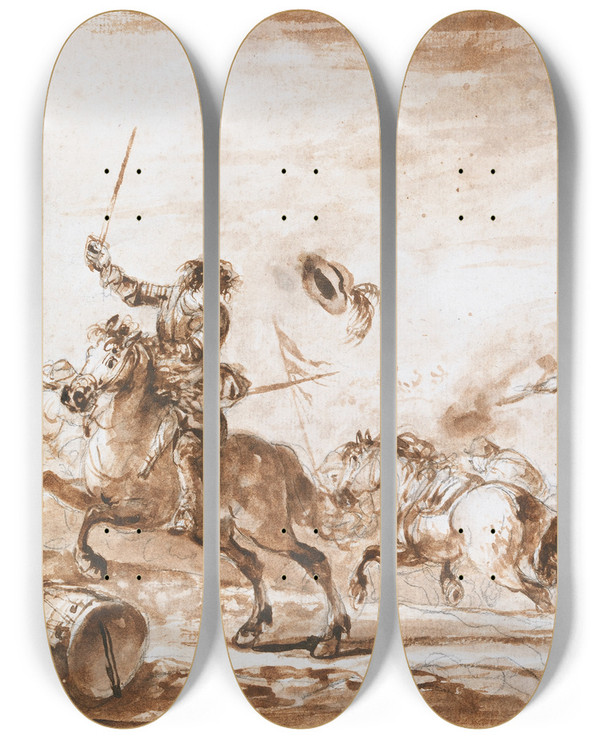 Triptych art skateboard deck of Francesco Simonini Cavalry Fighting Below A Walled Town by Francesco Simonini (1686-1755)