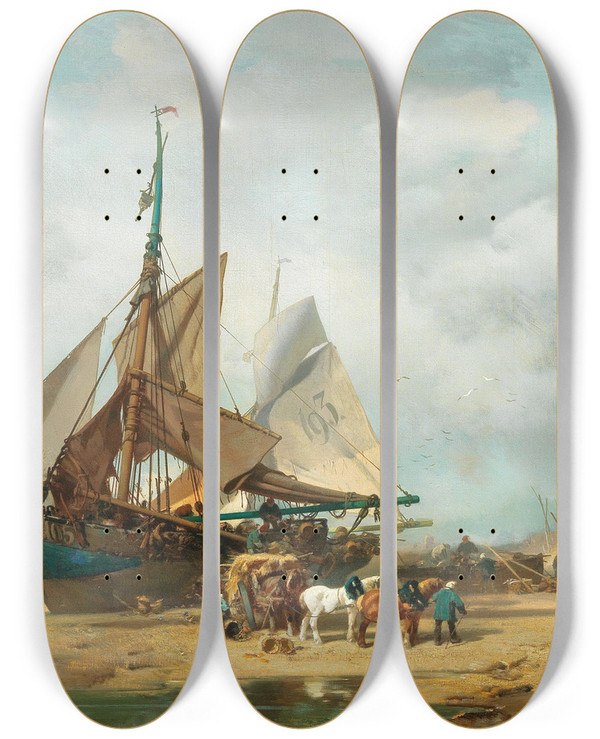 Triptych art skateboard deck of Charles Hoguet Entladung Der Segelschiffe by Charles Hoguet (1821-1870)