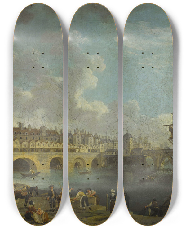 Triptych art skateboard deck of Pierreantoine Demachy Vue Du Quai De Gesvres Au Moment De La Dmolition Des Maisons Du Pont Au Change by Pierre-Antoine Demachy (1723-1807)