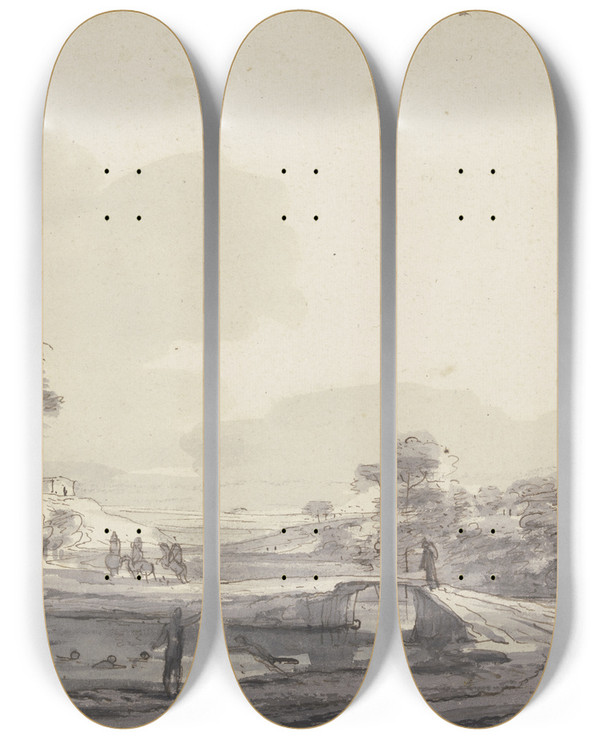 Triptych art skateboard deck of Roelant Roghman Landschaft Mit Bach Und Brcke Im Wasser Badende by Roelant Roghman (1627-1692)