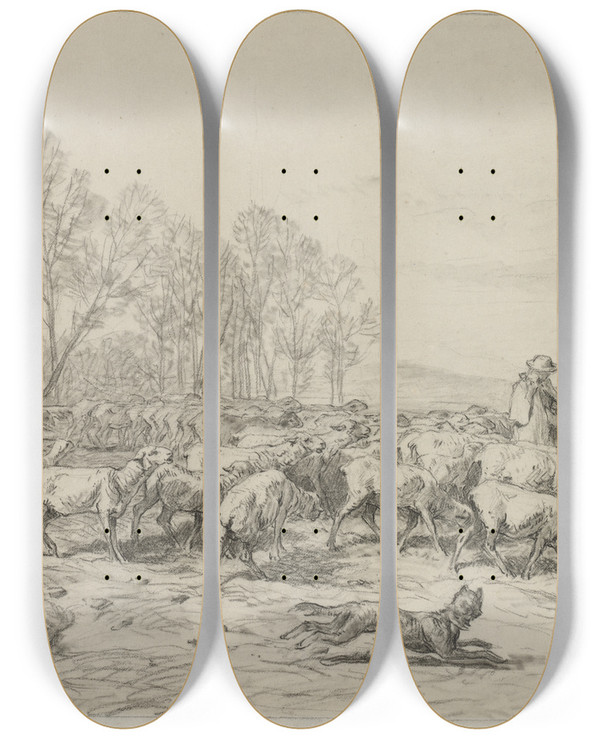 Triptych art skateboard deck of Charles Emile Jacque Landscape With A Flock Of Sheep by Charles Emile Jacque (1813-1894)