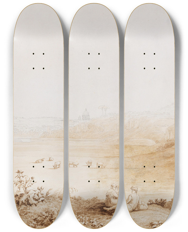 Triptych art skateboard deck of Jakob Philipp Hackert Ansicht Des Tibertals Bei Tor Di Quinto Iii by Jakob Philipp Hackert (1737-1807)