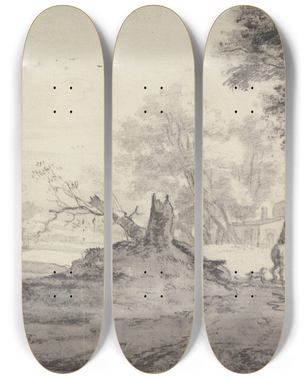 Triptych art skateboard deck of Roelant Roghman Landschaft Mit Bumen Und Husern In Der Mitte Die Reste Eines Abgehauenen Baumes Reiter Und Fugnger by Roelant Roghman (1627-1692)