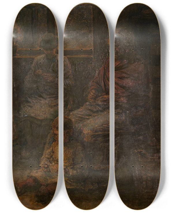 Triptych art skateboard deck of Xavier Mellery Portrait Of A Family by Xavier Mellery (1845-1921)