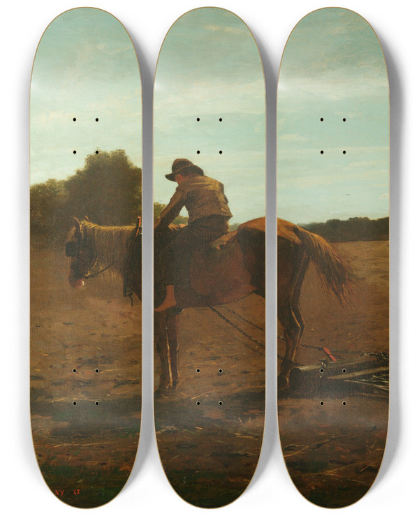 Triptych art skateboard deck of Winslow Homer The Brush Harrow Spring Time by Winslow Homer (1836-1910)