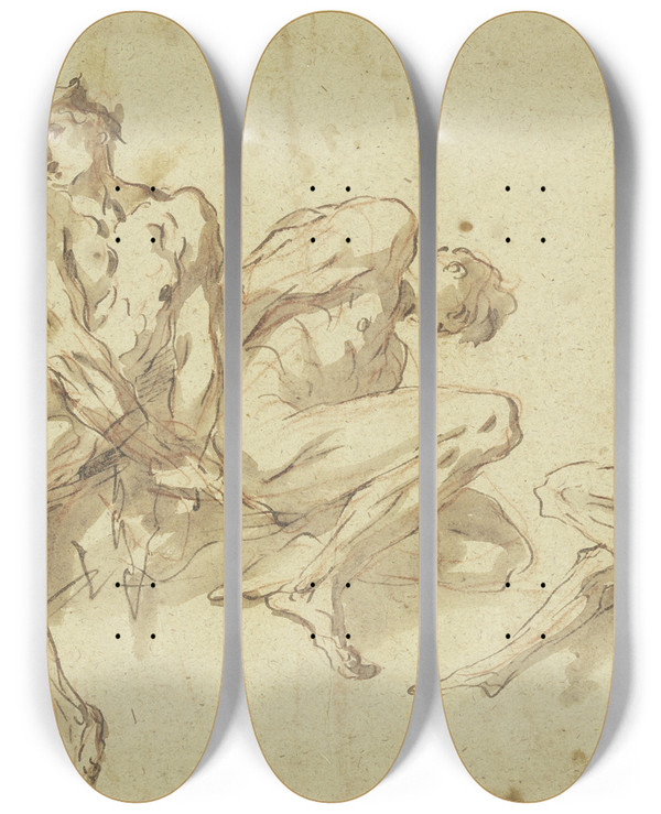 Triptych art skateboard deck of Gaspare Diziani Four Slaves_2 by Gaspare Diziani (1689-1767)