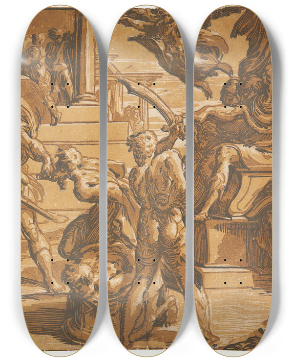 Triptych art skateboard deck of Antonio Da Trento Peters Og Paulus Martyrium 1 by Antonio da Trento (1508-1550)