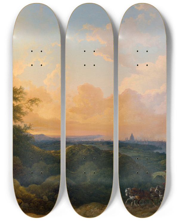 Triptych art skateboard deck of Philip James De Loutherbourg The Evening Coach London In The Distance by Philip James De Loutherbourg (1740-1812)