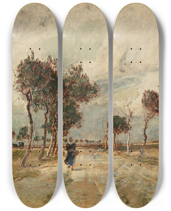 Triptych art skateboard deck of Rudolf Ribarz An Avenue In Cayeaux by Rudolf Ribarz (1848-1904)