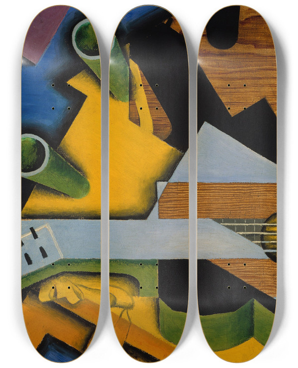 Triptych art skateboard deck of Juan Gris Still Life With A Guitar by Juan Gris (1887-1927)