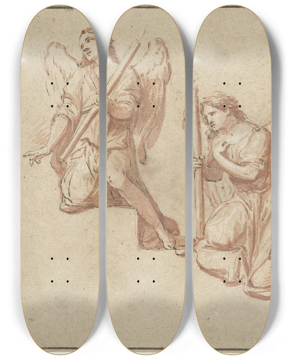 Triptych art skateboard deck of Marcantonio Franceschini Three Studies Of Kneeling Angels Torches by Marcantonio Franceschini (1648-1729)