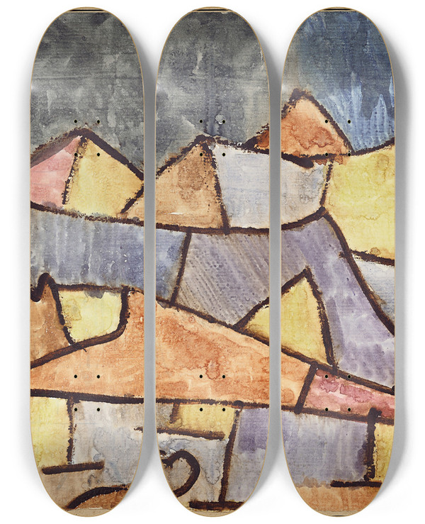 Triptych art skateboard deck of Paul Klee Strenge Gebirgsform Kristallines Gebirge by Paul Klee (1879-1940)