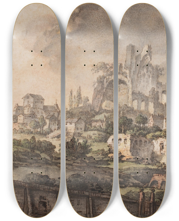 Triptych art skateboard deck of Jens Petersen Lund Romersk Prospekt Med Mur I Forgrunden Kirke Og Ruin I Baggrunden by Jens Petersen Lund (1731-1794)