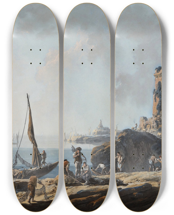 Triptych art skateboard deck of Jeanbaptiste Pillement Port Scene In Calm Weather by Jean-Baptiste Pillement (1728-1808)