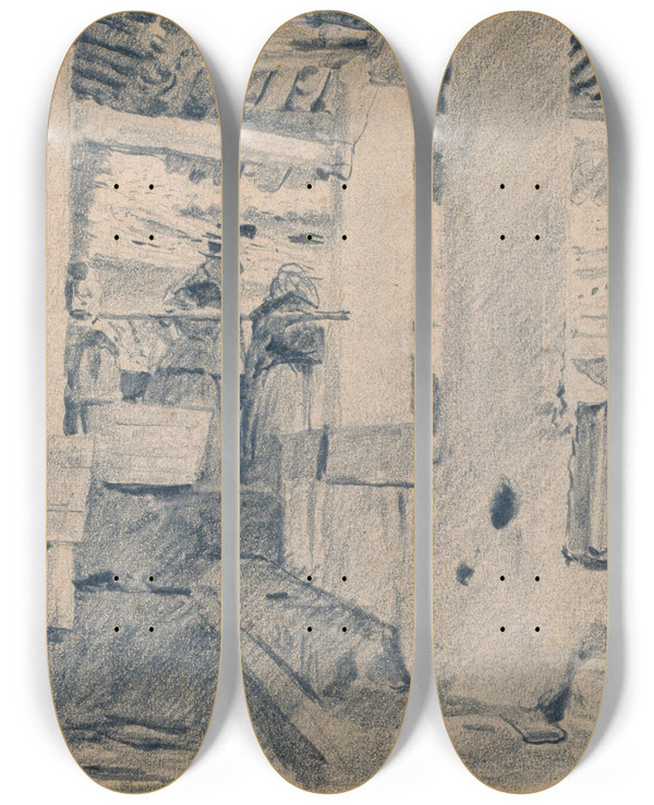 Triptych art skateboard deck of Santiago Rusiol Washing Place Interior by Santiago Rusinol (1861-1931)