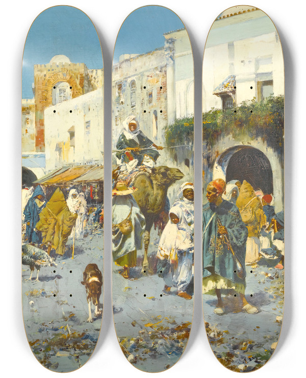 Triptych art skateboard deck of Jos Navarro Y Llorens A Bustling Street by Jose Navarro Y Llorens (1867-1923)