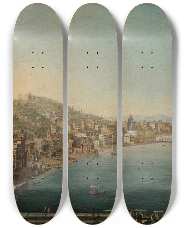 Triptych art skateboard deck of Pietro Antoniani The Riviera Di Chiaia Naples From The Convento Di Sant Antonio With Vesuvius Beyond by Pietro Antoniani (1740-1805)
