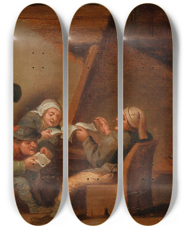 Triptych art skateboard deck of Bartholomeus Molenaer Singing Peasants by Bartholomeus Molenaer (1618-1650)