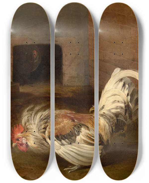 Triptych art skateboard deck of Frans Snijders Fighting Cocks by Frans Snyders