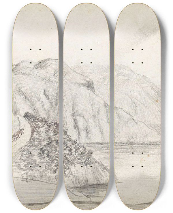 Triptych art skateboard deck of Hans Gude Kvamskleiva by Hans Gude (1825-1903)