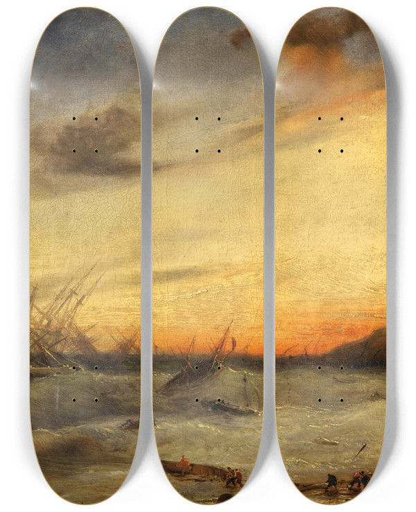 Triptych art skateboard deck of Thodore Gudin Bataille Navale by Theodore Gudin (1802-1880)